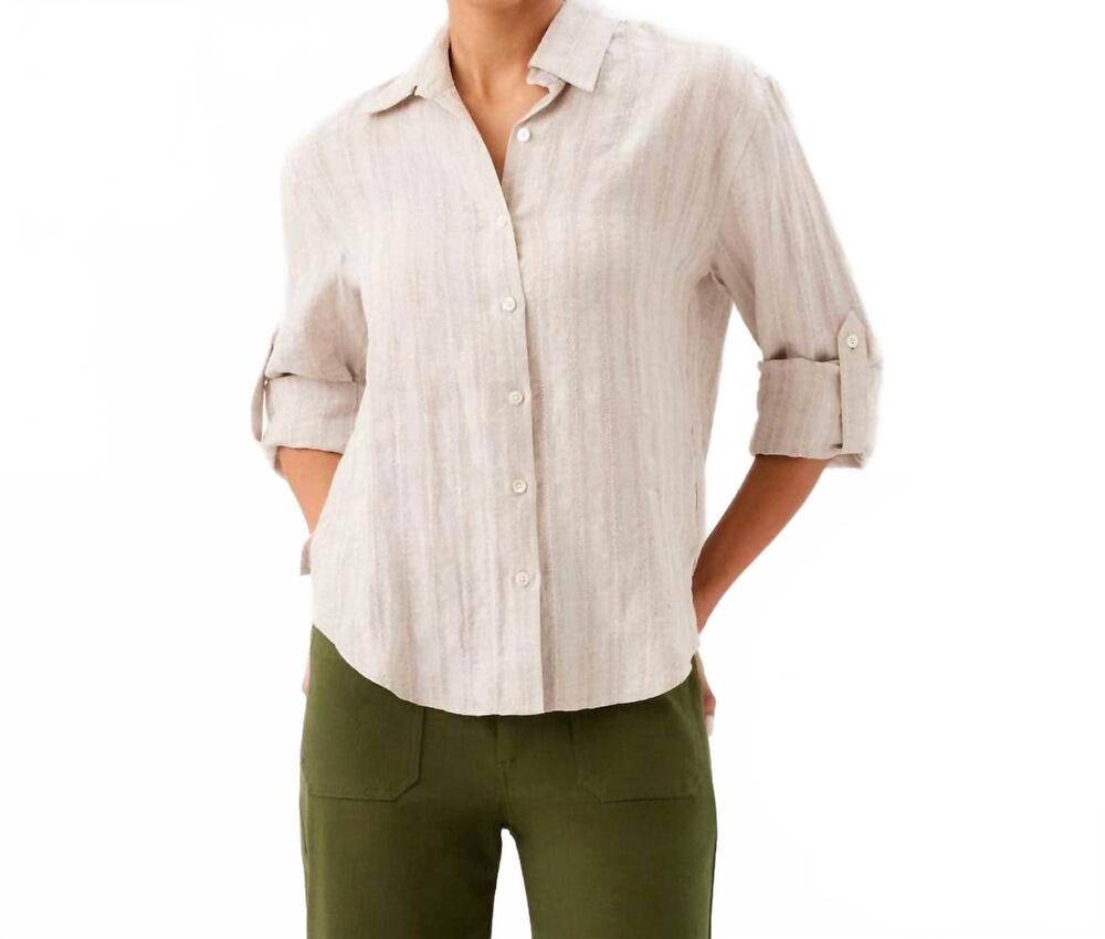NEW KAREN KANE stripe linen roll-tab shirt in oatmeal